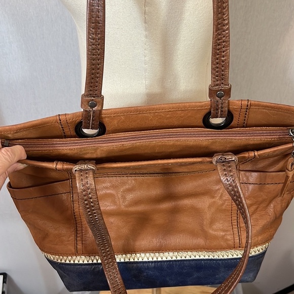 The Sak Landis Brown Blue Genuine Leather Double Strap Shoulder Bag Tote - Picture 4 of 7